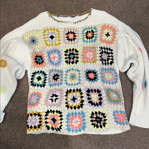 Free people Ambrose crochet sweater pullover granny square dropped sleeve - Picture 4 of 8